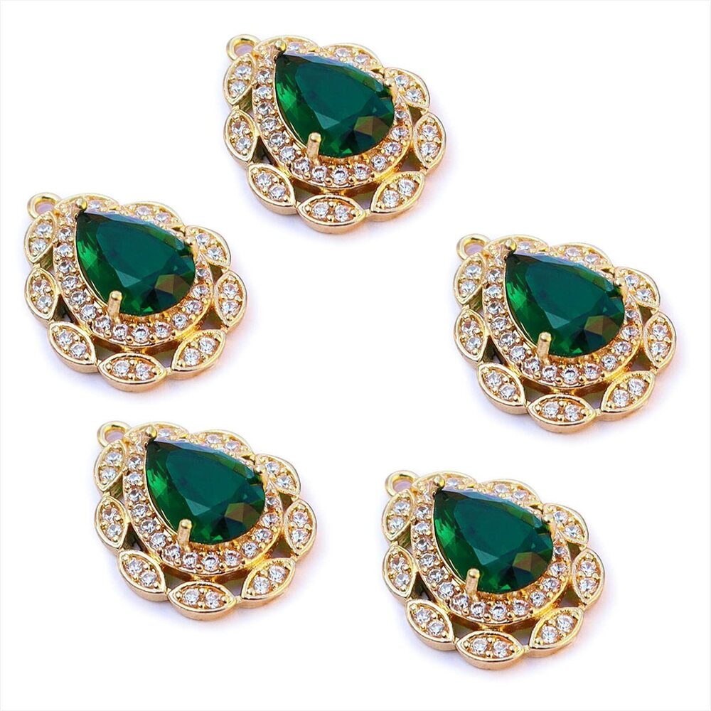 4651 5Pcs Teardrop Beads Green Zircon Glass Crystal Waterdrop Charms Gold